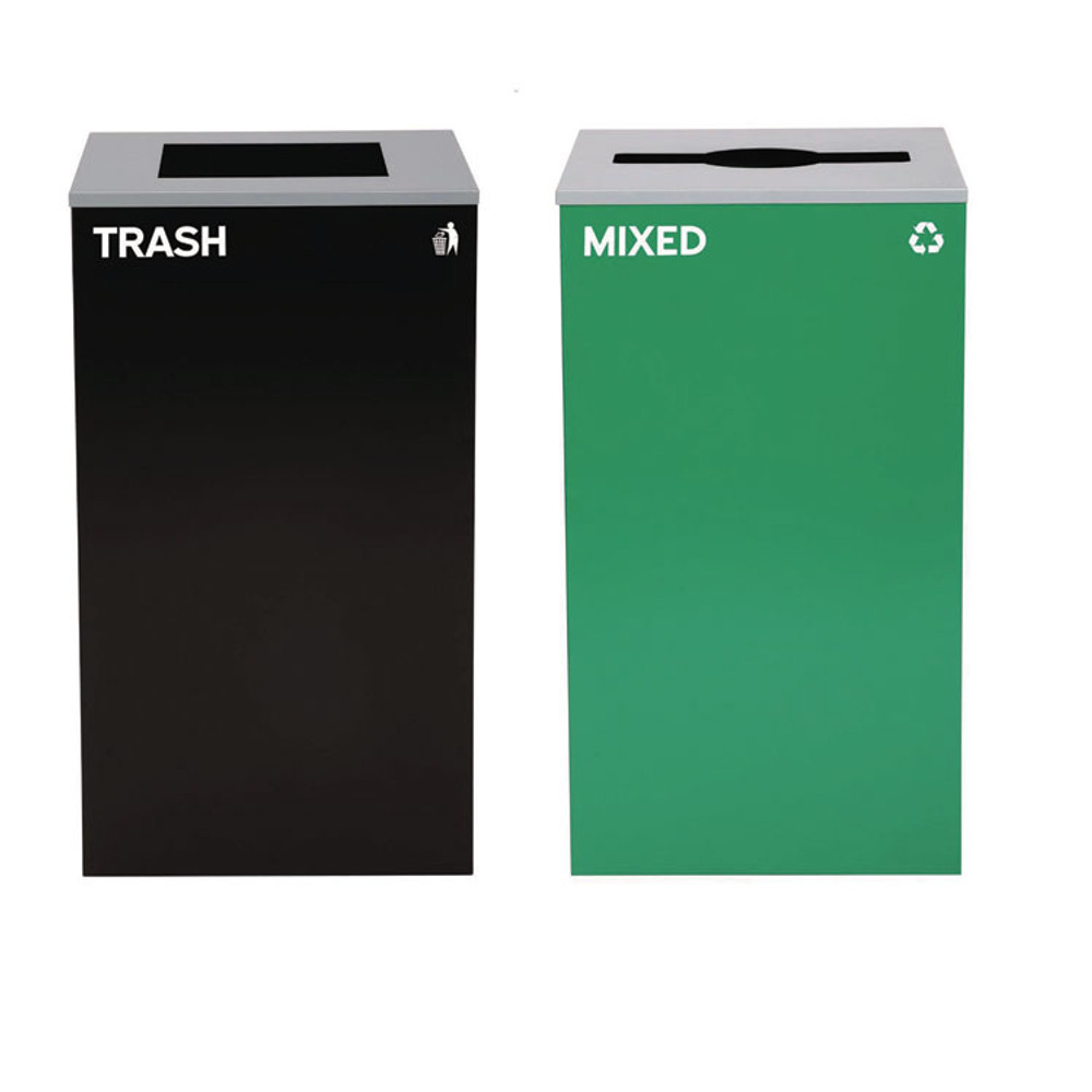 ALPINE INDUSTRIES 4450BLKKIT11 29 Gallon Trash/Recycling Cans, Steel, Green Mixed Recycling Can with Mixed Lid, Black Trash Can with Square Lid