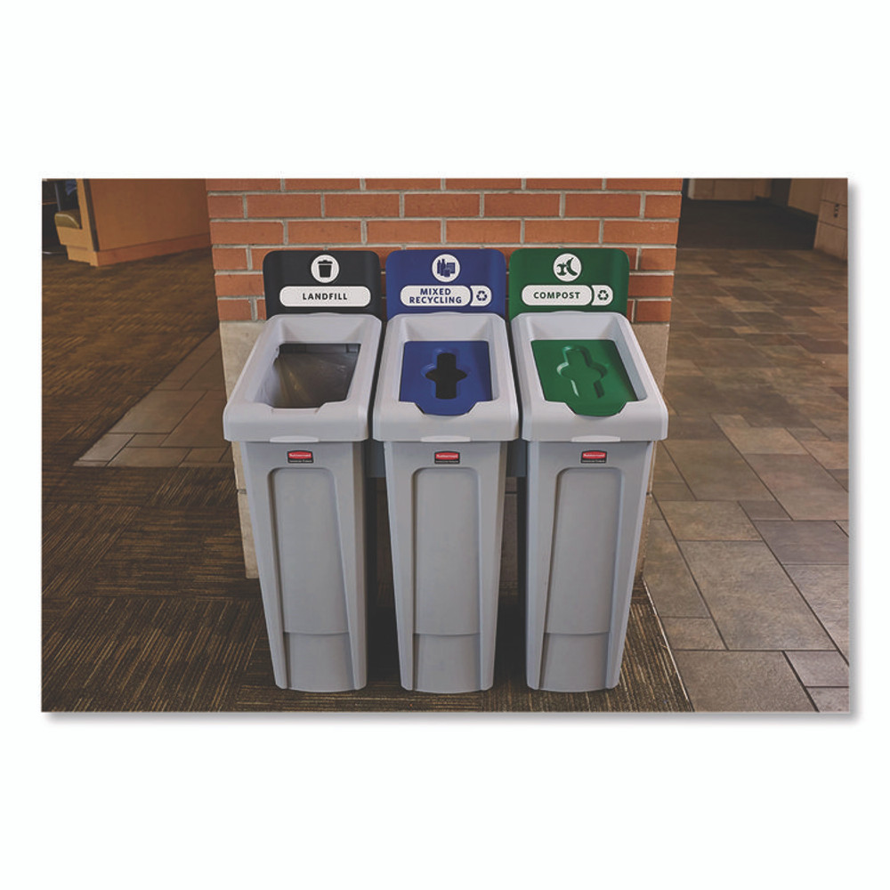 RUBBERMAID COMMERCIAL PROD. 2185051 Slim Jim Recycling Station Kit, 1-Stream Compost, 23 gal, Plastic, Green/Gray