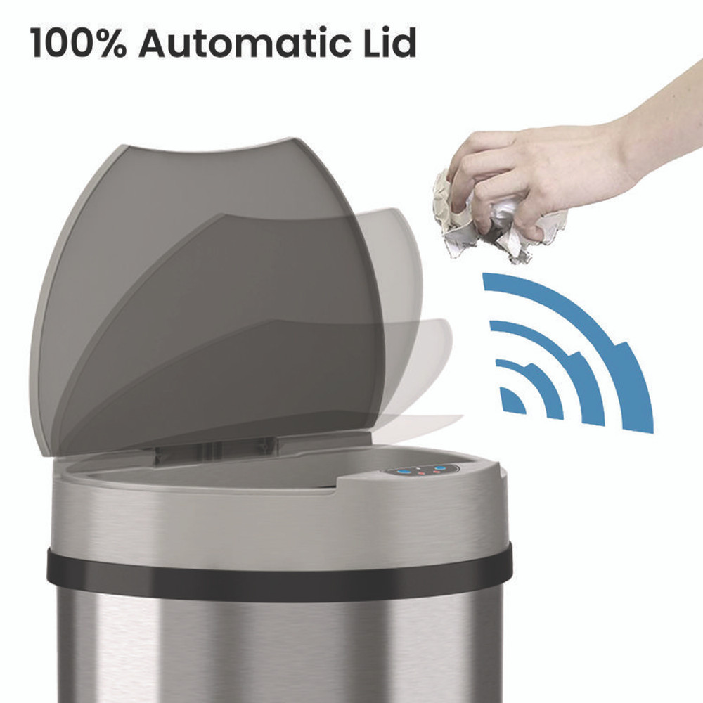 HLS COMMERCIAL HLS13HX Sensor Trash Can, Half-Round Cylinder, 13 gal, Plastic/Stainless Steel, Silver