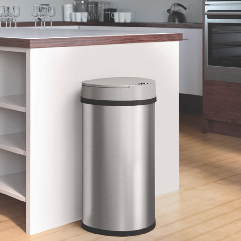 HLS COMMERCIAL HLS13HX Sensor Trash Can, Half-Round Cylinder, 13 gal, Plastic/Stainless Steel, Silver