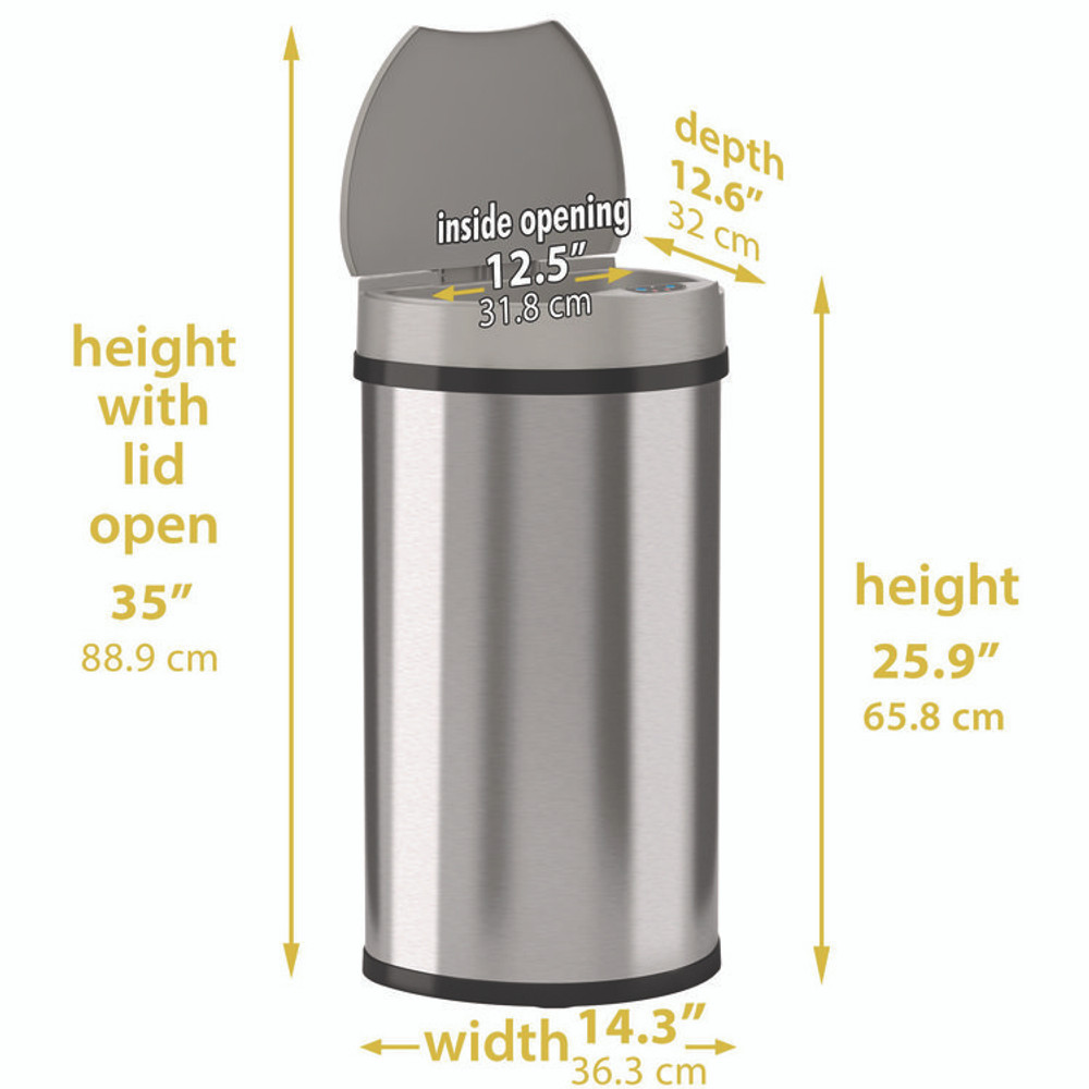 HLS COMMERCIAL HLS13HX Sensor Trash Can, Half-Round Cylinder, 13 gal, Plastic/Stainless Steel, Silver