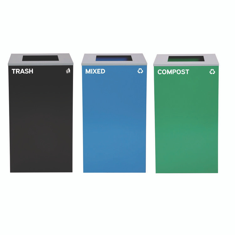 ALPINE INDUSTRIES 4450BLKKIT15 29 Gallon Trash/Recycling Cans, Steel, Blue Mixed Recycling Can, Green Compost Can, Black Trash Can with Square Lids