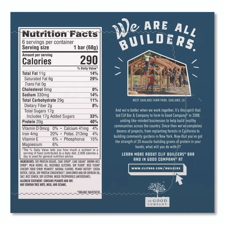 CLIF BAR & COMPANY CCC160041 Builders Protein Bar, Chocolate Peanut Butter, 2.4 oz Bar, 12 Bars/Box