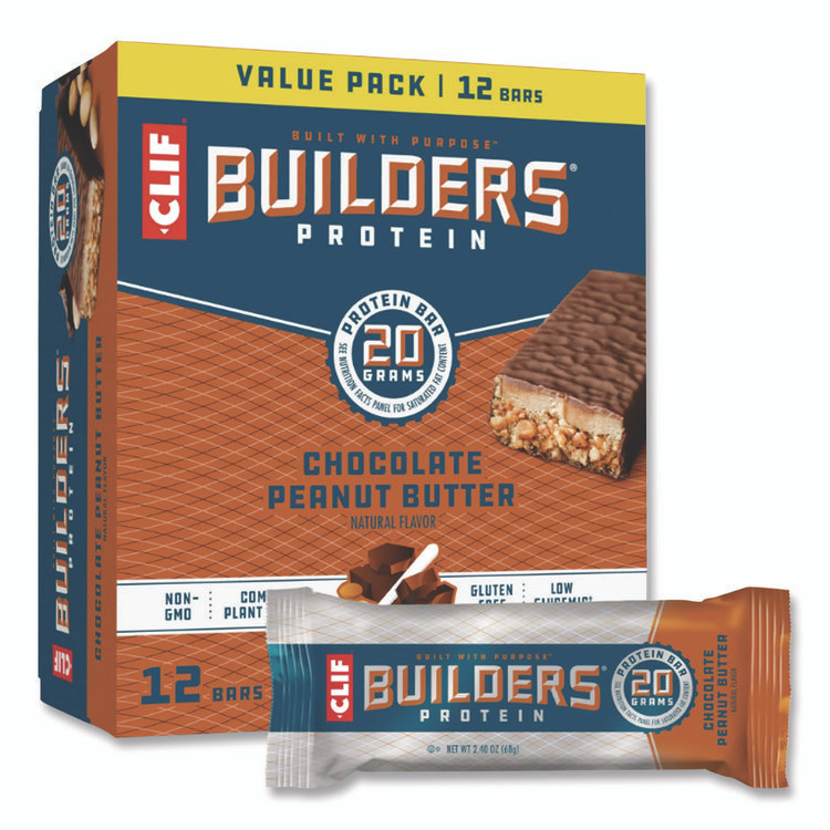 CLIF BAR & COMPANY CCC160041 Builders Protein Bar, Chocolate Peanut Butter, 2.4 oz Bar, 12 Bars/Box