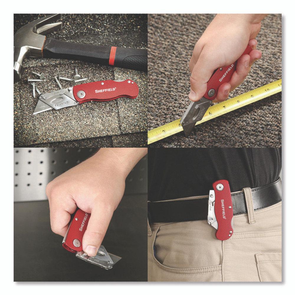 GREAT NECK SAW MFG. Sheffield 12614 Quick Change Lock Back Utility Knife, 1.25" Blade, 3.5" Aluminum Handle, Red