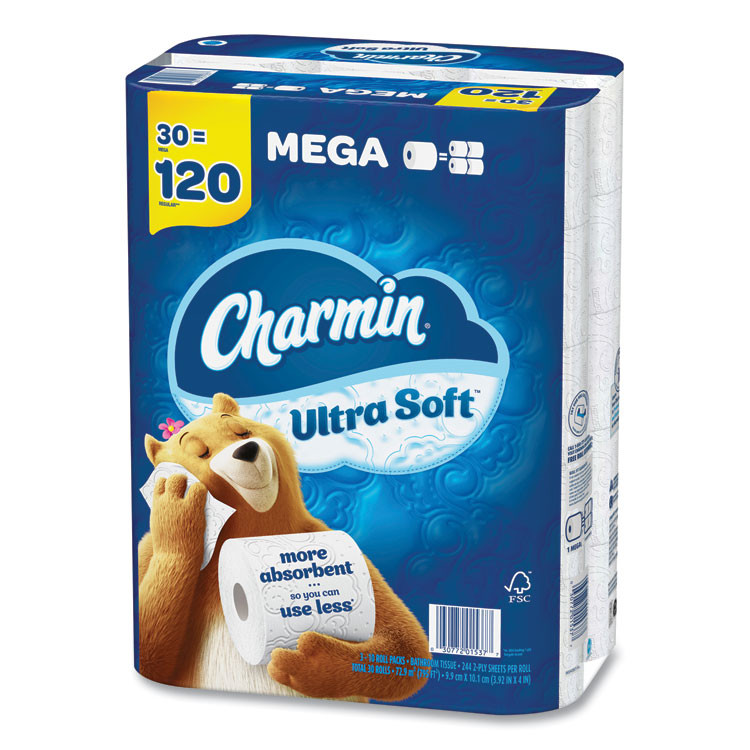PROCTER & GAMBLE Charmin® 01537 Ultra Soft Bathroom Tissue, Mega Roll, Septic Safe, 2-Ply, White, 244 Sheets/Roll, 30 Rolls/Pack