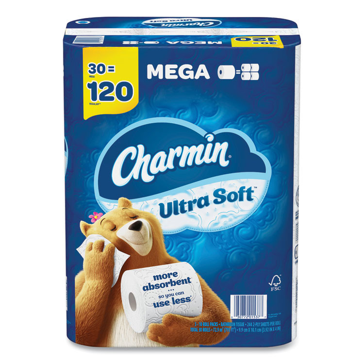 PROCTER & GAMBLE Charmin® 01537 Ultra Soft Bathroom Tissue, Mega Roll, Septic Safe, 2-Ply, White, 244 Sheets/Roll, 30 Rolls/Pack