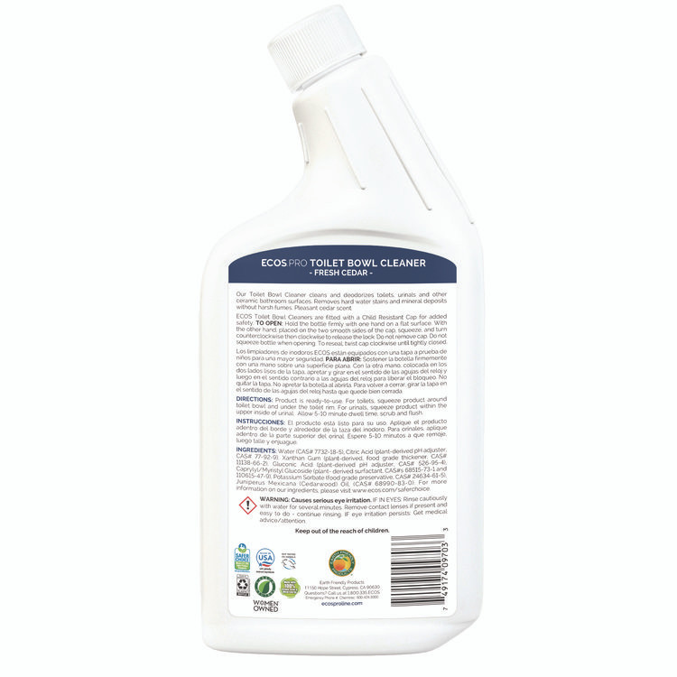 EARTH FRIENDLY PRODUCTS ECOS® PL97036CT Toilet Bowl Cleaner, Fresh Cedar Scent, 24 oz Squeeze Bottle, 6/Carton