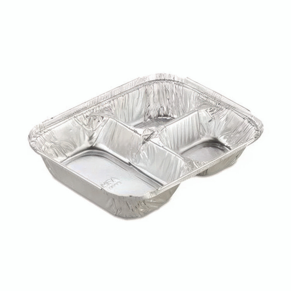 HFA INC 204535 Aluminum Oblong Container with Lid, 3 Compartments, 24 oz, 8.5 x 6.38 x 1.47, Silver, 500/Carton