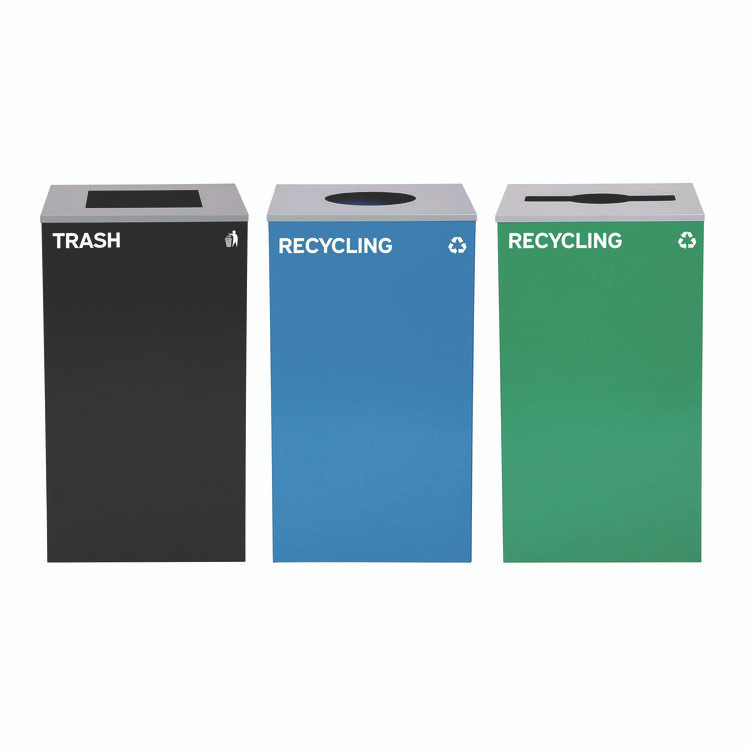ALPINE INDUSTRIES 4450BLKKIT39 29 Gallon Trash/Recycling Cans, Steel, Blue Recycling Can w/Circle Lid, Green Recycling w/Mixed Lid, Black Trash w/Square Lid