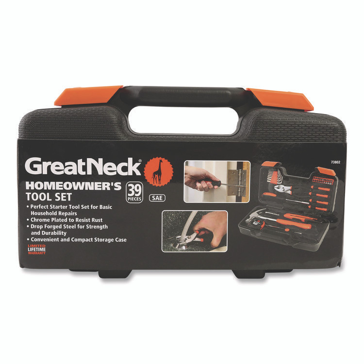 GREAT NECK SAW MFG. 73802 Homeowner's 39-Piece Tool Set, 12.38" x 3" x 7.25" Carry Case