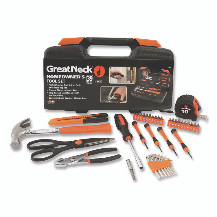 GREAT NECK SAW MFG. 73802 Homeowner's 39-Piece Tool Set, 12.38" x 3" x 7.25" Carry Case