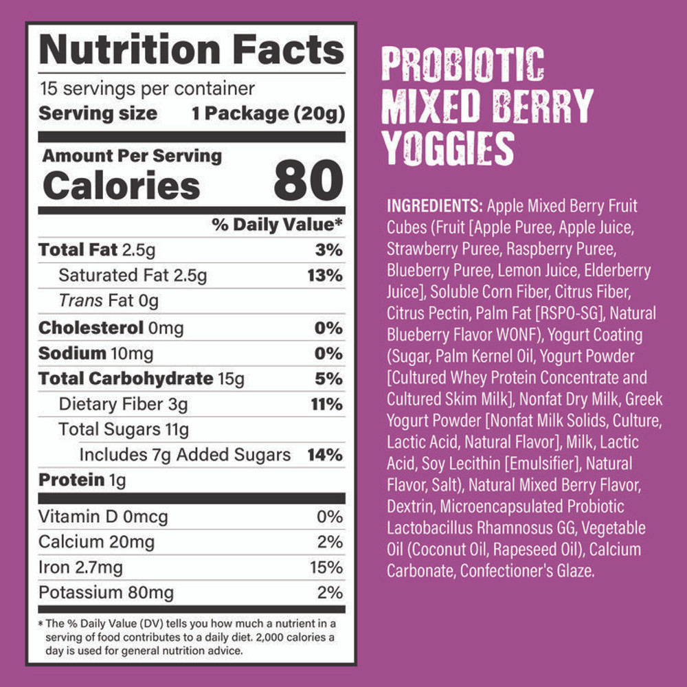 NATURE'S GARDEN 22002303 Probiotic Yoggies Variety Snack Pack, Assorted Flavors, 0.7 oz Bag, 30/Carton
