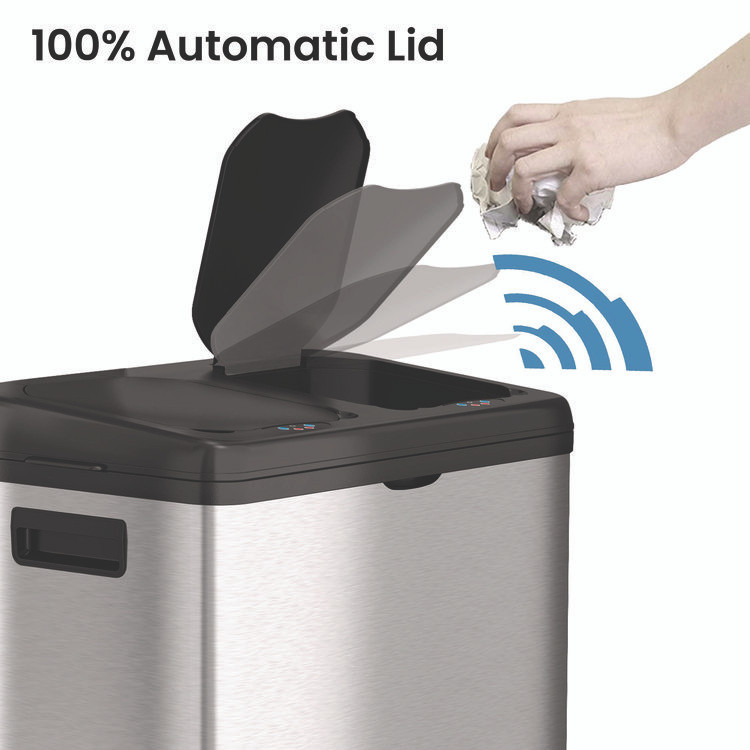 HLS COMMERCIAL HLS16DCSS Dual Compartment Sensor Recycle Bin and Trash Can with Wheels, 16 gal, Plastic/Stainless Steel, Silver/Black
