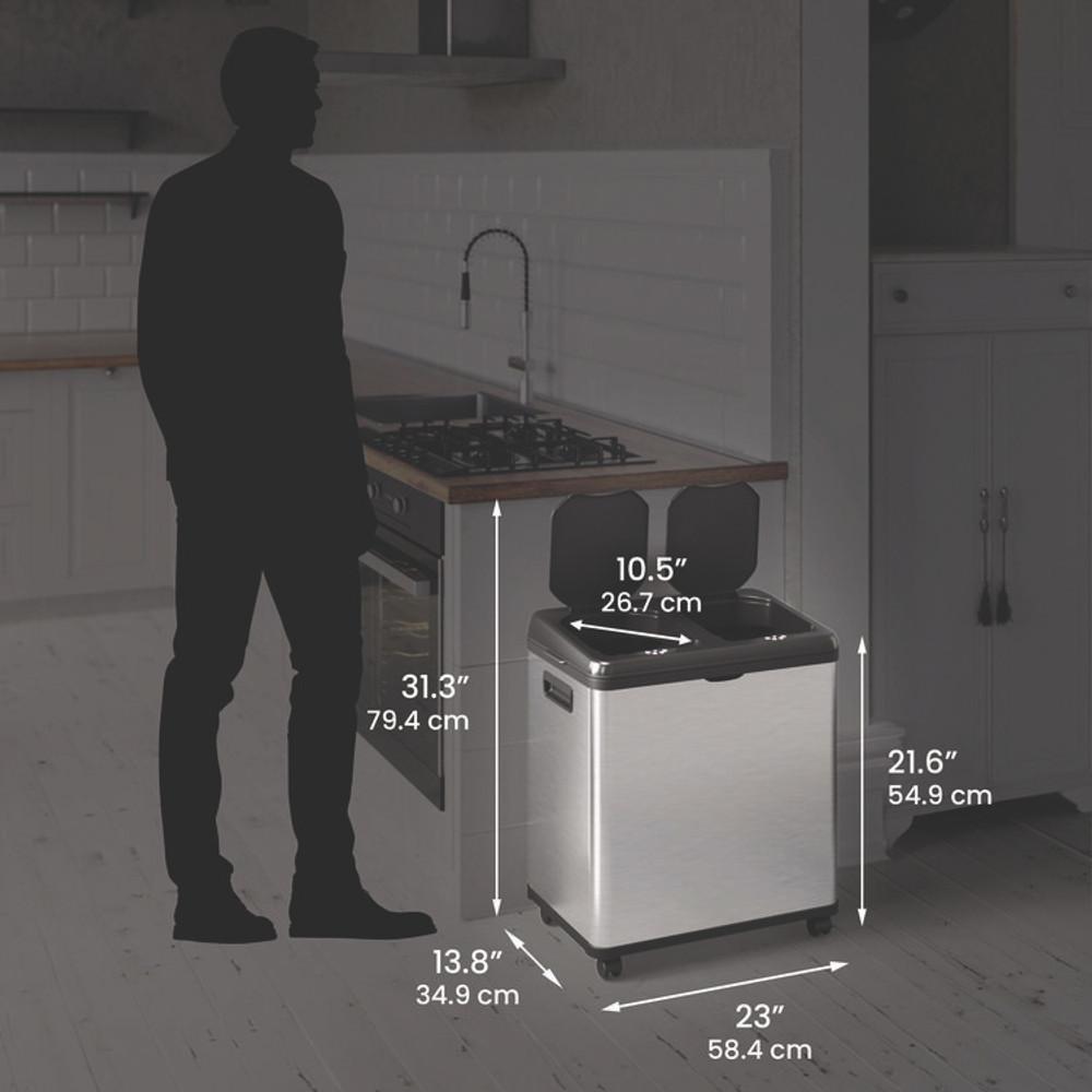 HLS COMMERCIAL HLS16DCSS Dual Compartment Sensor Recycle Bin and Trash Can with Wheels, 16 gal, Plastic/Stainless Steel, Silver/Black
