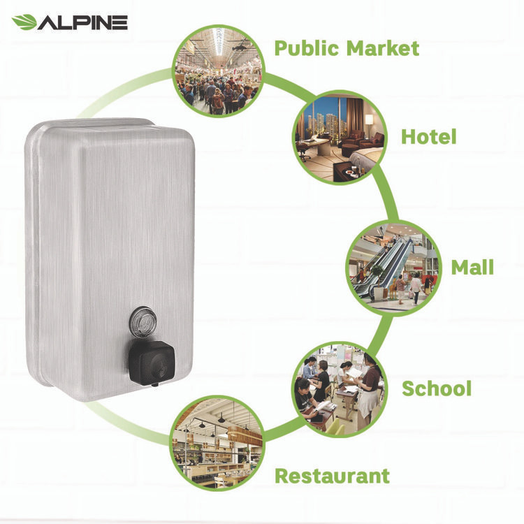 ALPINE INDUSTRIES ALP423SSB Vertical Manual Surface-Mounted Stainless Steel Liquid Soap Dispenser, 40 oz, 2.8 x 4.8 x 8.1, Brushed Stainless Steel