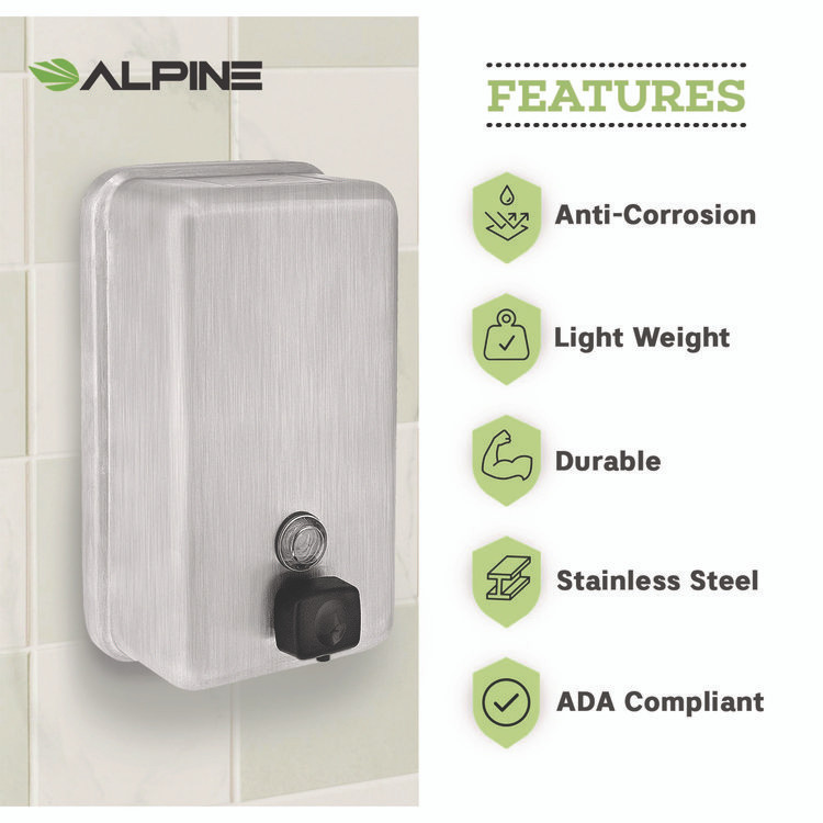 ALPINE INDUSTRIES ALP423SSB Vertical Manual Surface-Mounted Stainless Steel Liquid Soap Dispenser, 40 oz, 2.8 x 4.8 x 8.1, Brushed Stainless Steel
