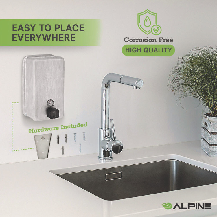 ALPINE INDUSTRIES ALP423SSB Vertical Manual Surface-Mounted Stainless Steel Liquid Soap Dispenser, 40 oz, 2.8 x 4.8 x 8.1, Brushed Stainless Steel