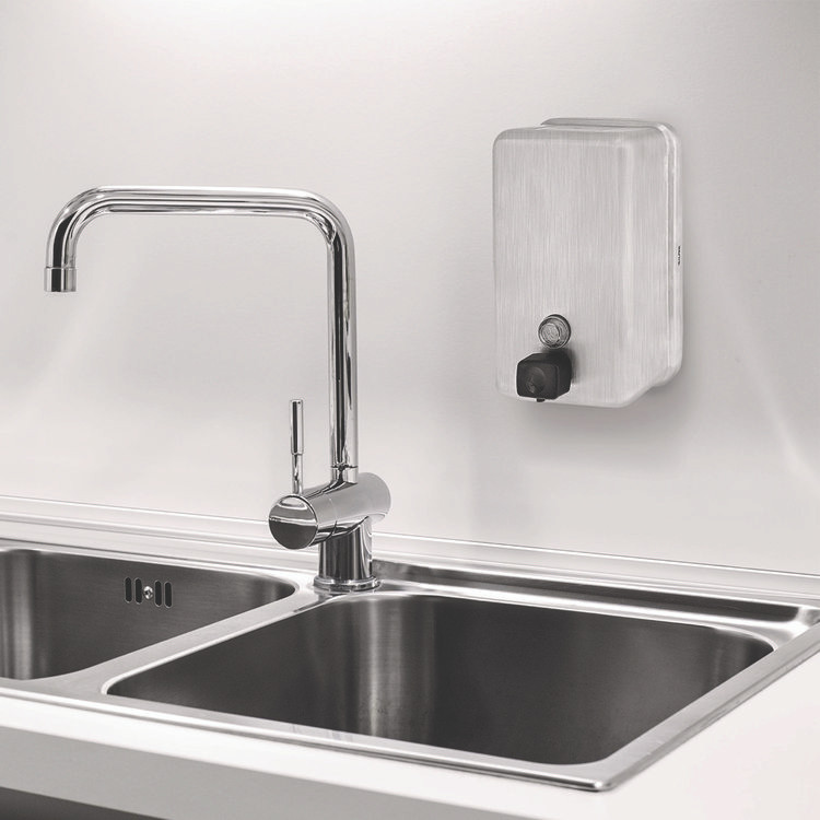 ALPINE INDUSTRIES ALP423SSB Vertical Manual Surface-Mounted Stainless Steel Liquid Soap Dispenser, 40 oz, 2.8 x 4.8 x 8.1, Brushed Stainless Steel