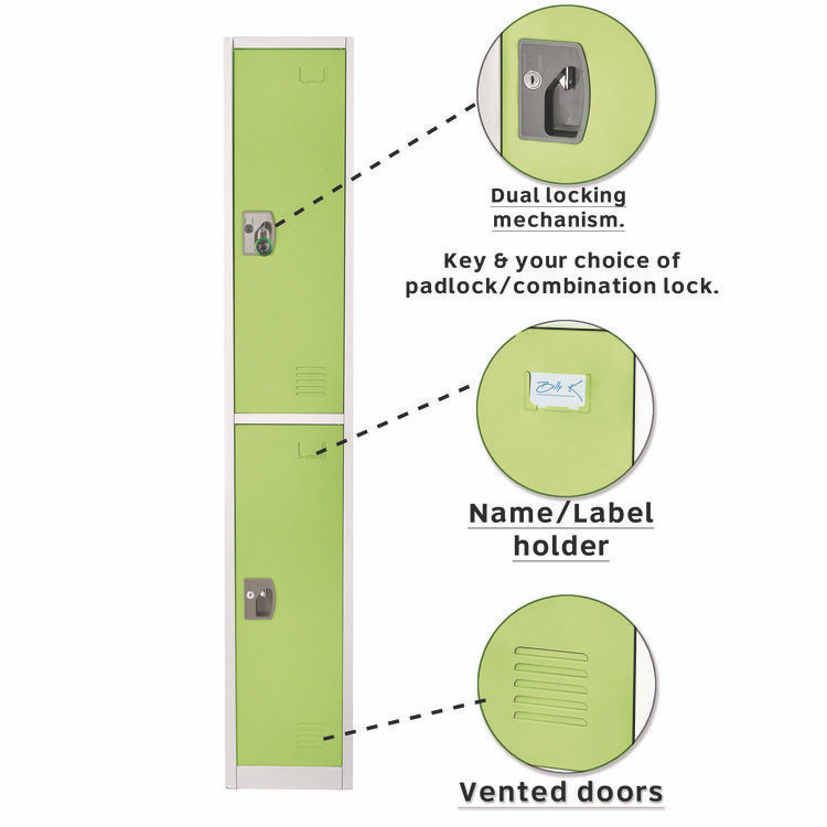 ADIROFFICE I629202GRN Steel Storage Locker, 2 Compartment, 12 x 12 x 72, Green