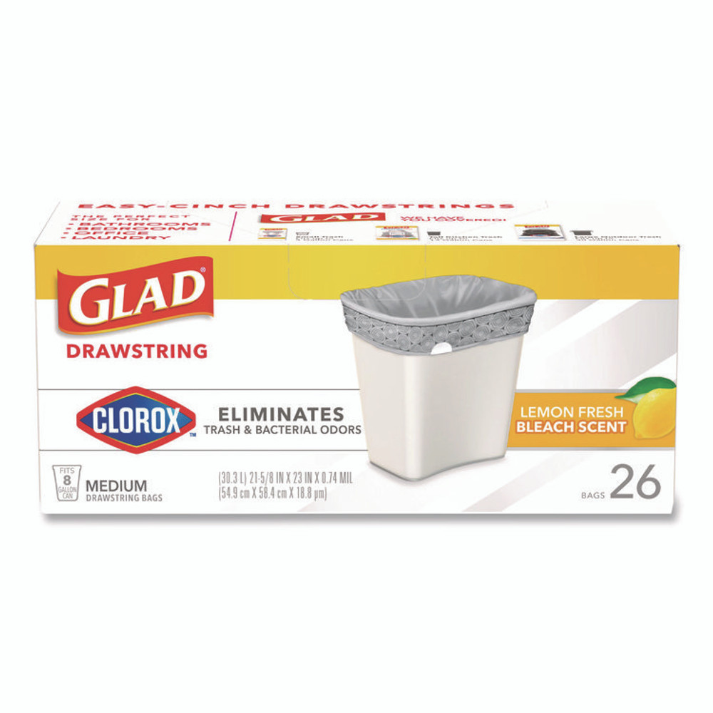 CLOROX SALES CO. Glad® 79316 Medium Drawstring Trash Bags with Clorox, 8 gal, Lemon Fresh Bleach Scent, 0.74 mil, 23" x 21.63", Gray, 26/Box