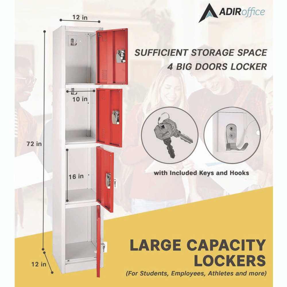 ADIROFFICE I629204RED Steel Storage Locker, 4 Compartment, 12 x 12 x 72, Red