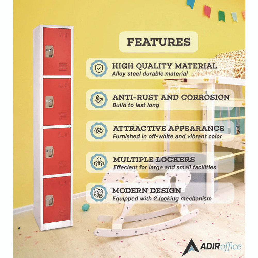 ADIROFFICE I629204RED Steel Storage Locker, 4 Compartment, 12 x 12 x 72, Red