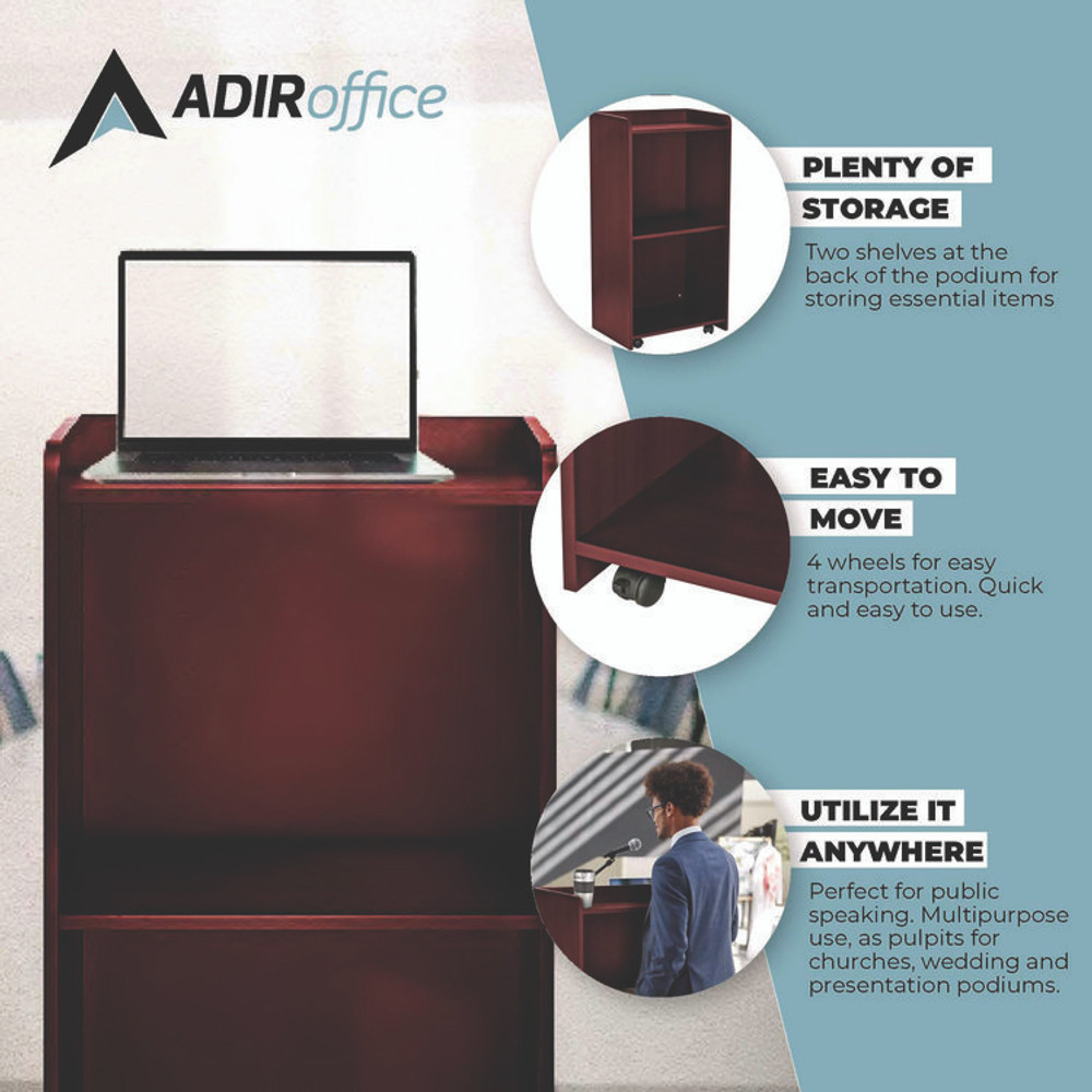 ADIROFFICE I66107MA Wood Mobile Presentation Lectern Speaker Stand with Shelves, 22.44 x 16.53 x 45.98, Mahogany