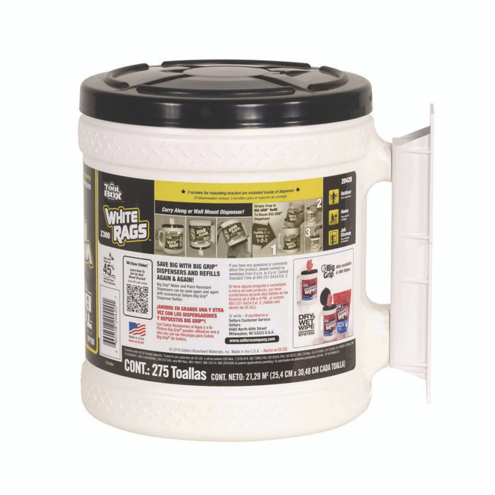 SELLARS ABSORBENT MATERIALS, INC. TOOLBOX® 20420 Z300 Wipers Big Grip Dispenser, 1-Ply, 10 x 12, White, 2/Carton