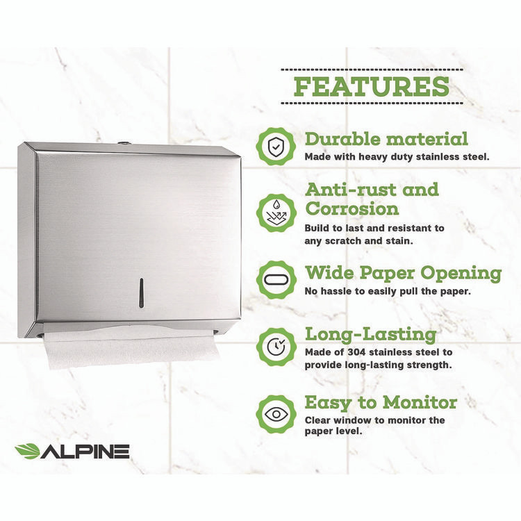 ALPINE INDUSTRIES ALP481 Horizontal C-Fold/Multi-Fold Paper Towel Dispenser, 10.2 x 4 x 11.2, Brushed Nickel