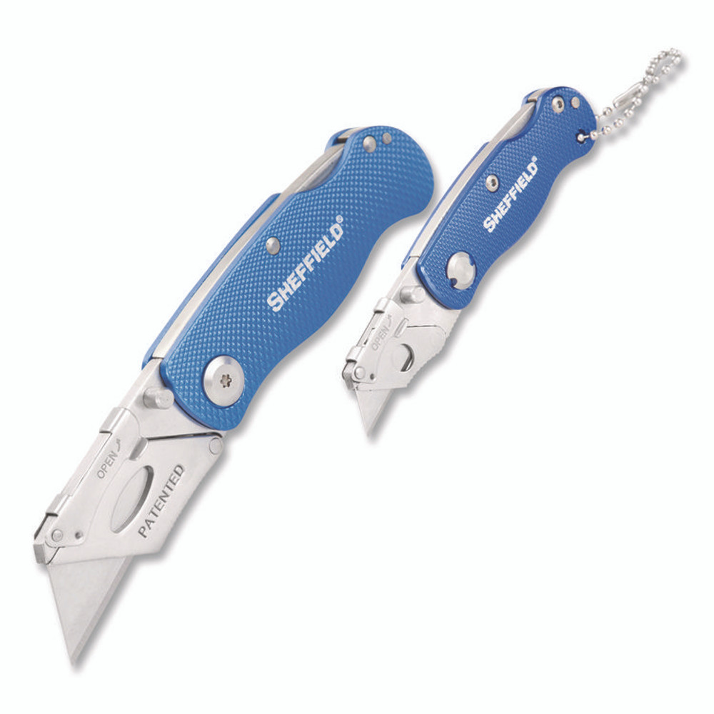 GREAT NECK SAW MFG. Sheffield 12117 Folding Lock Back Utility Knife Set, 1 Standard, 1 Mini, Blue