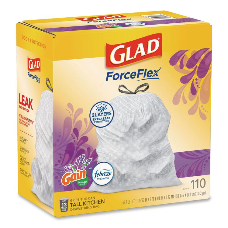 CLOROX SALES CO. Glad® 79157 ForceFlex Tall Kitchen Drawstring Trash Bags, 13 gal, Gain Lavender with Febreze Freshness, 10.18 x 9.81, White, 110/Box