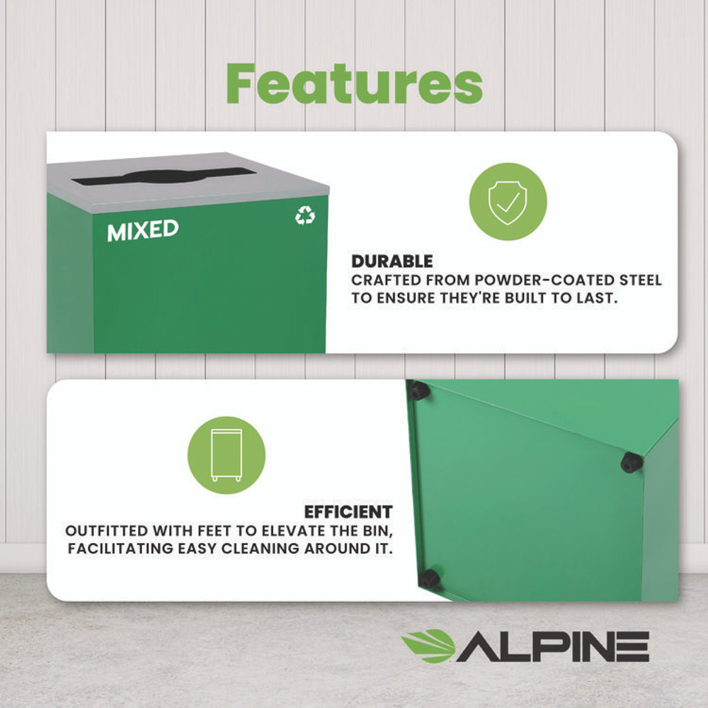 ALPINE INDUSTRIES 4450KITGRNMM 29 Gallon Trash/Recycling Cans, Steel, Green Mixed Recycling Can with Mixed Lid