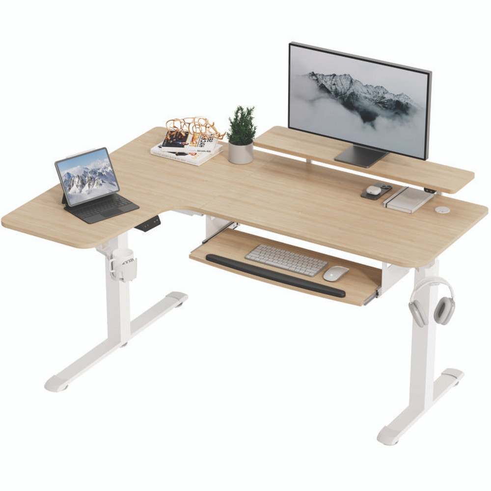 EUREKA ERGONOMIC L60LMW L-Shaped Standing Desk with Keyboard Tray, Left Desk, 61.25" x 43.25" x 34.38" to 52.88", Maple White/White