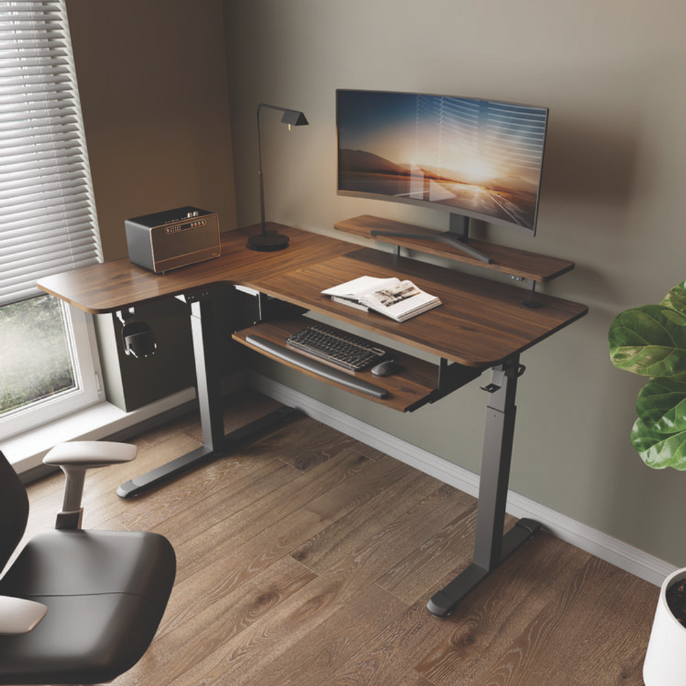 EUREKA ERGONOMIC L60LWN L-Shaped Standing Desk with Keyboard Tray, Left Desk, 61.25" x 43.25" x 34.38" to 52.88", Walnut/Black