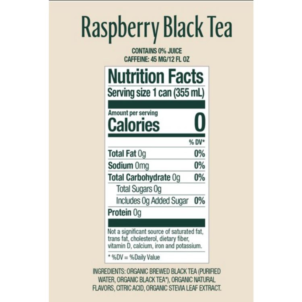 ZEVIA PBC 0170312 Zero Sugar Naturally Sweetened Black Tea, Raspberry Black Tea, 12 oz can, 12/Carton