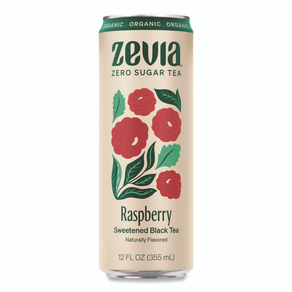 ZEVIA PBC 0170312 Zero Sugar Naturally Sweetened Black Tea, Raspberry Black Tea, 12 oz can, 12/Carton