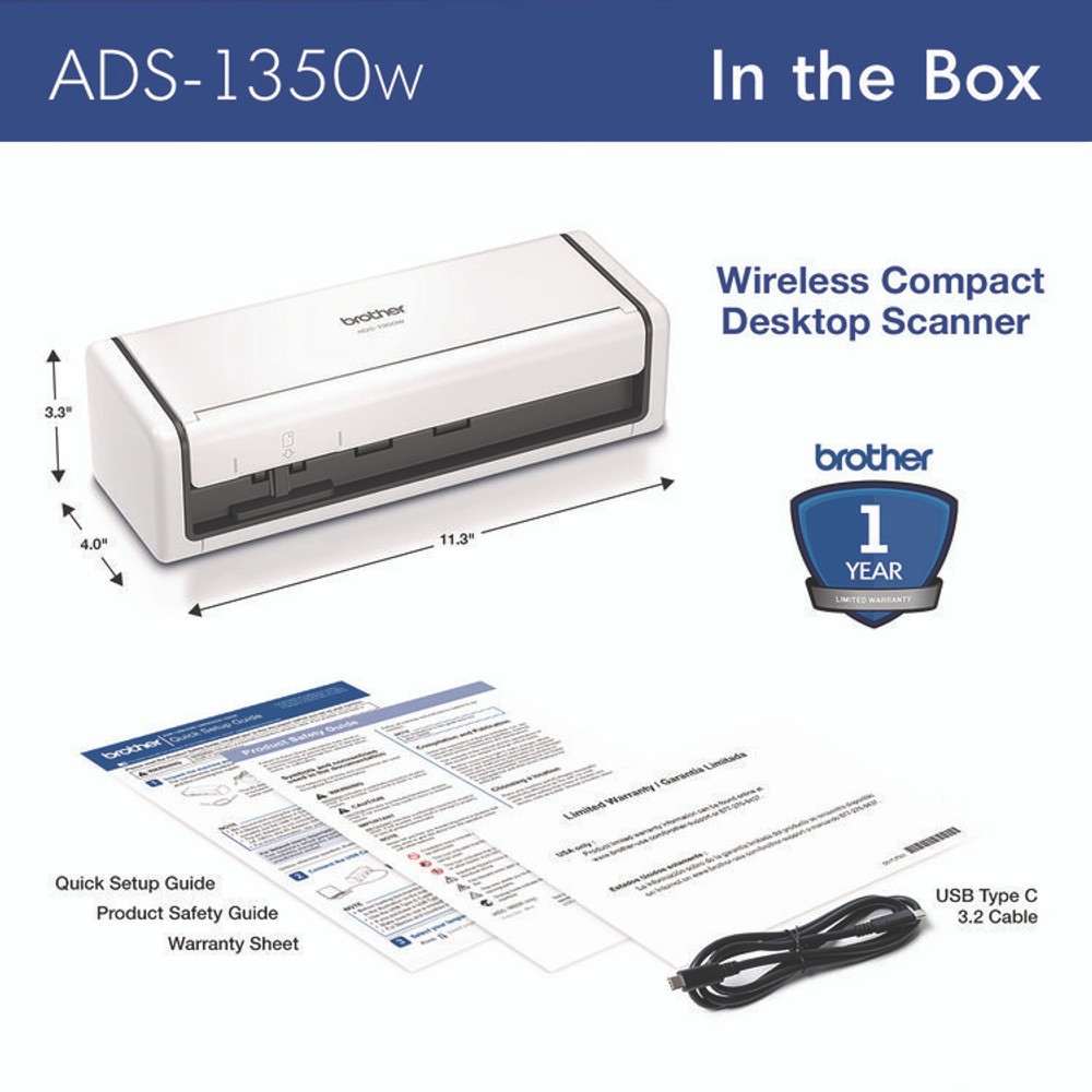 BROTHER INTL. CORP. ADS1350W ADS-1350W Compact Desktop Scanner, 600 dpi x 600 dpi Optical Resolution, 20-Sheet Duplex Auto Document Feeder
