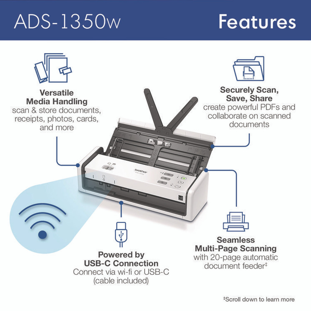 BROTHER INTL. CORP. ADS1350W ADS-1350W Compact Desktop Scanner, 600 dpi x 600 dpi Optical Resolution, 20-Sheet Duplex Auto Document Feeder