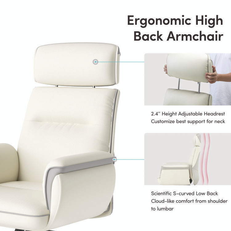 EUREKA ERGONOMIC OC003OW Royal Executive Office Chair, Support up to 300 lb, 19.46"-22.26" Seat Height, White PU Leather Seat, White Faux Leather Back