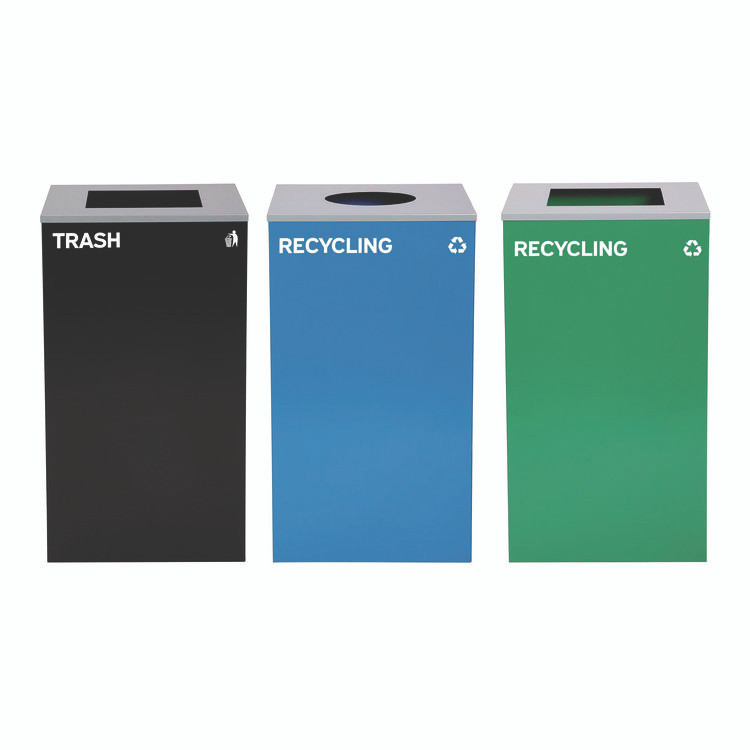 ALPINE INDUSTRIES 4450BLKKIT35 29 Gallon Trash/Recycling Cans, Steel, Blue Recycling Can w/Circle Lid, Green Recycling Can and Black Trash Can w/Square Lids