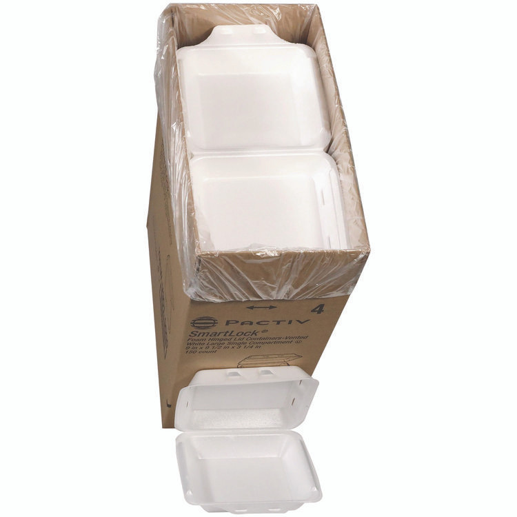 PACTIV EVERGREEN CORPORATION YHLWV9010000 SmartLock Vented Foam Hinged Lid Container, 9 x 9.5 x 3.3, White, 150/Carton