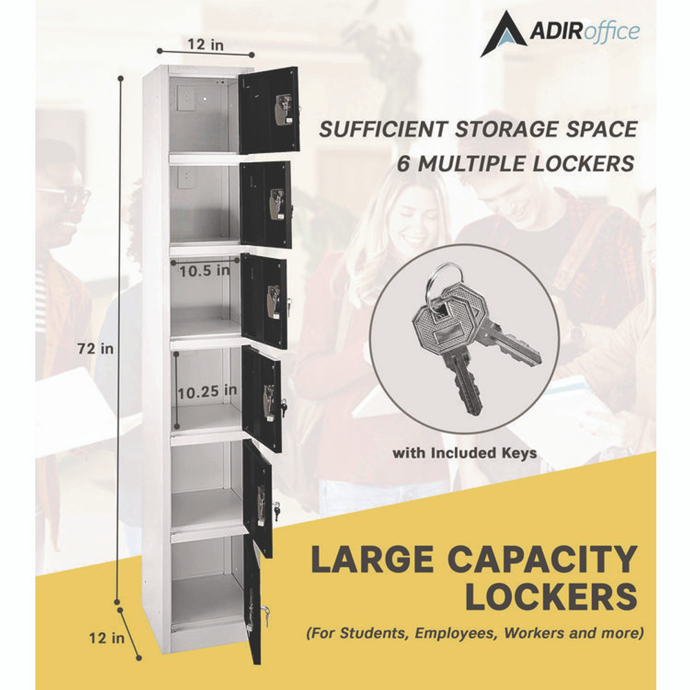 ADIROFFICE I629206BLK Steel Storage Locker, 6 Compartment, 12 x 12 x 72, Black
