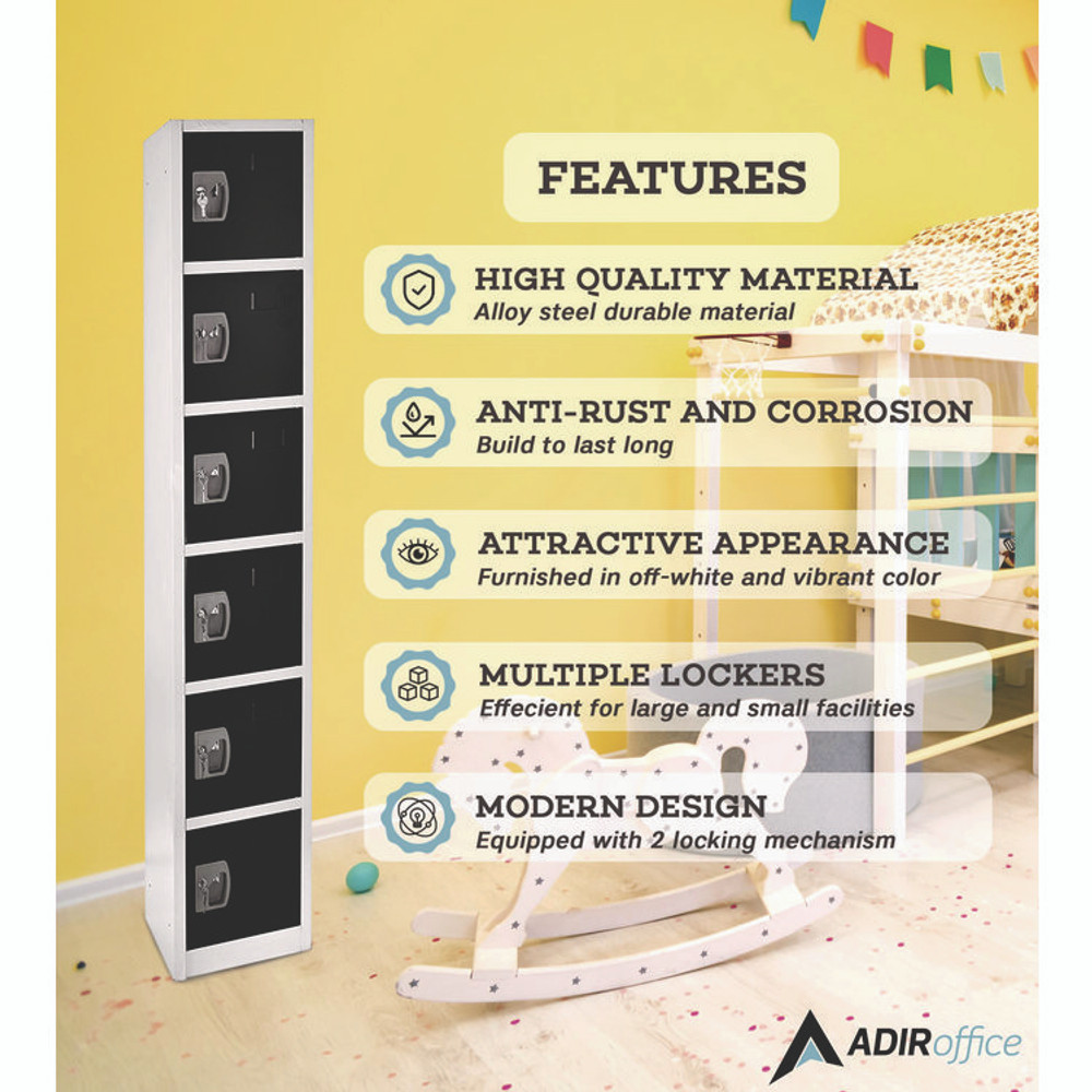 ADIROFFICE I629206BLK Steel Storage Locker, 6 Compartment, 12 x 12 x 72, Black