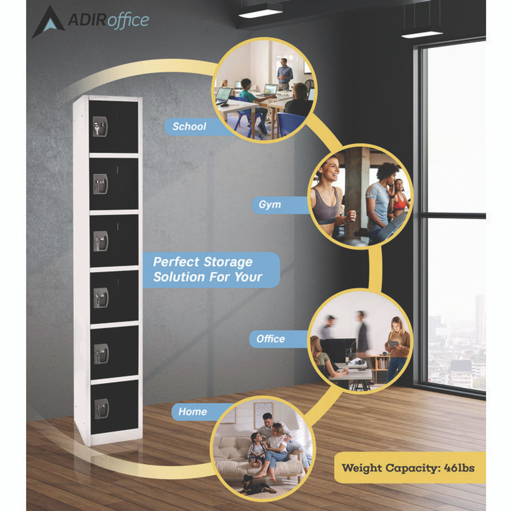 ADIROFFICE I629206BLK Steel Storage Locker, 6 Compartment, 12 x 12 x 72, Black