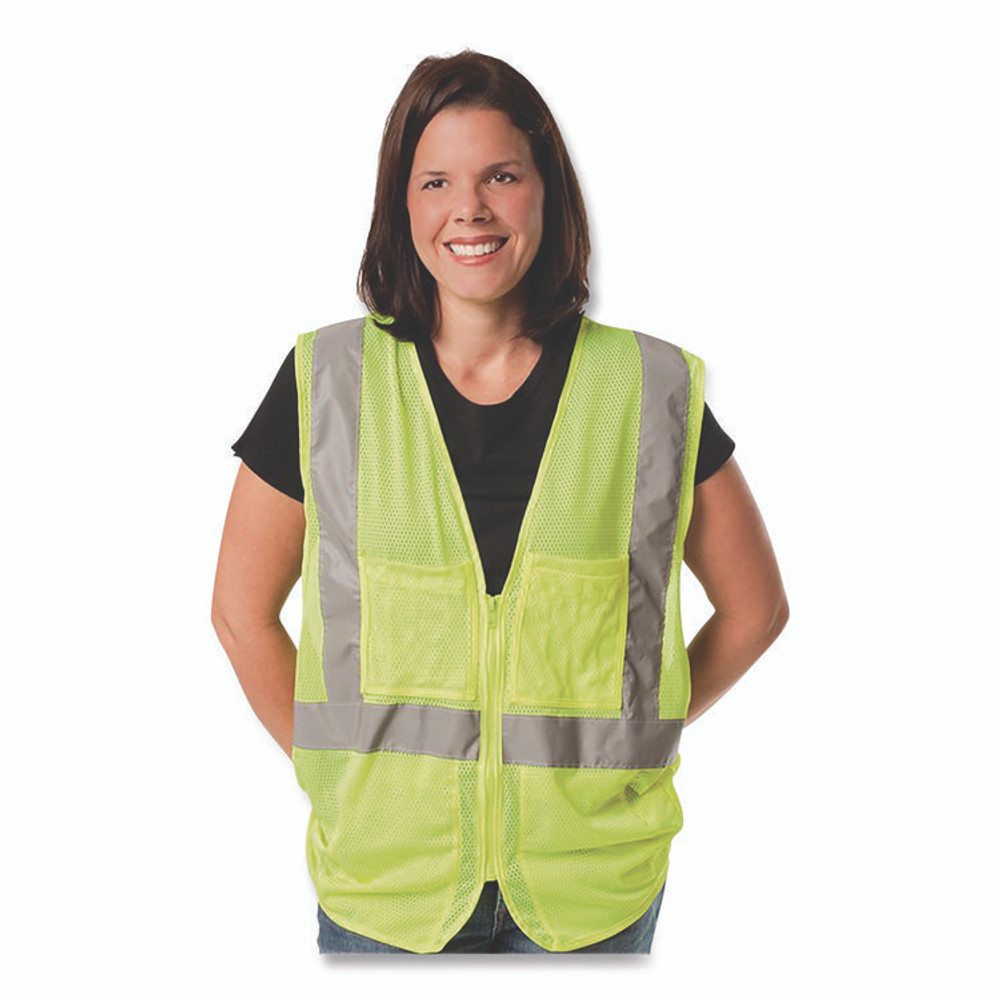 PROTECTIVE INDUSTRIAL PRODUCTS INC PIP 3020702ZLY2X ANSI Class 2 Two-Pocket Zipper Mesh Safety Vest, 2X-Large, Hi-Viz Lime Yellow