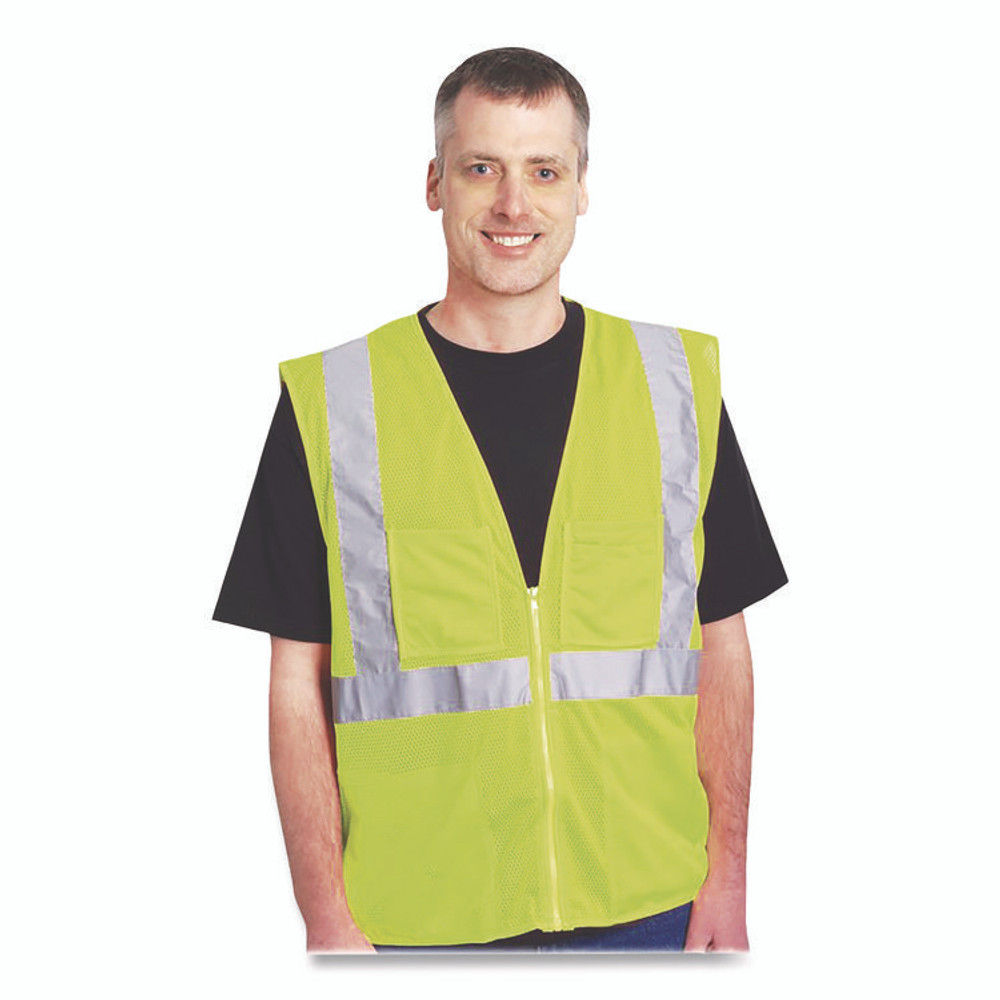 PROTECTIVE INDUSTRIAL PRODUCTS INC PIP 3020702ZLY2X ANSI Class 2 Two-Pocket Zipper Mesh Safety Vest, 2X-Large, Hi-Viz Lime Yellow