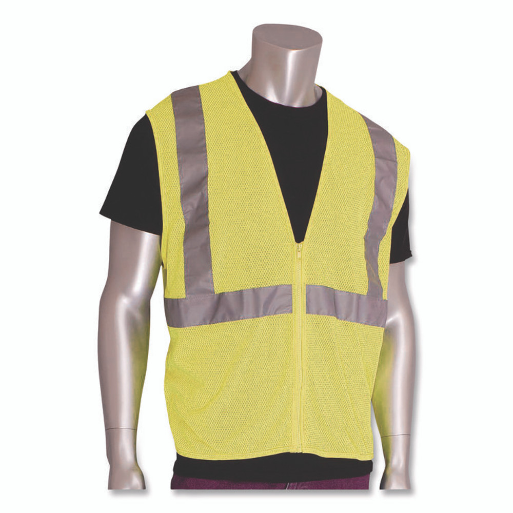 PROTECTIVE INDUSTRIAL PRODUCTS INC PIP 3020702ZLY2X ANSI Class 2 Two-Pocket Zipper Mesh Safety Vest, 2X-Large, Hi-Viz Lime Yellow