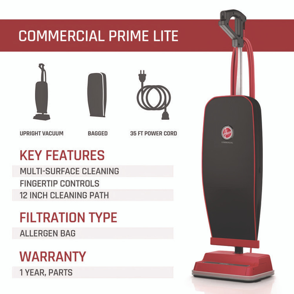 HOOVER COMPANY Commercial CH50300 Task Vac Soft Bag Lightweight Upright, 12" Cleaning Path, Black/Red