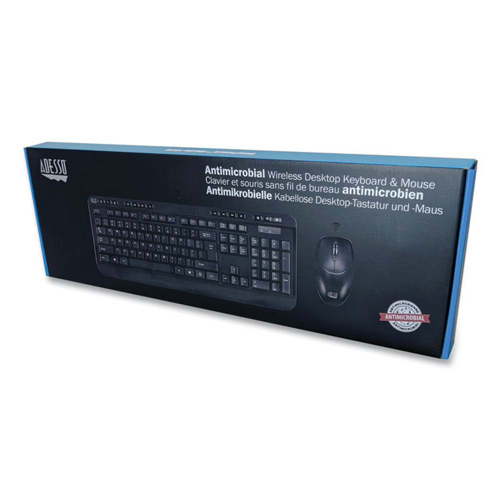 ADESSO INC WKB1320CB WKB-1320CB Antimicrobial Wireless Desktop Keyboard and Mouse, 2.4 GHz Frequency/30 ft Wireless Range, Black